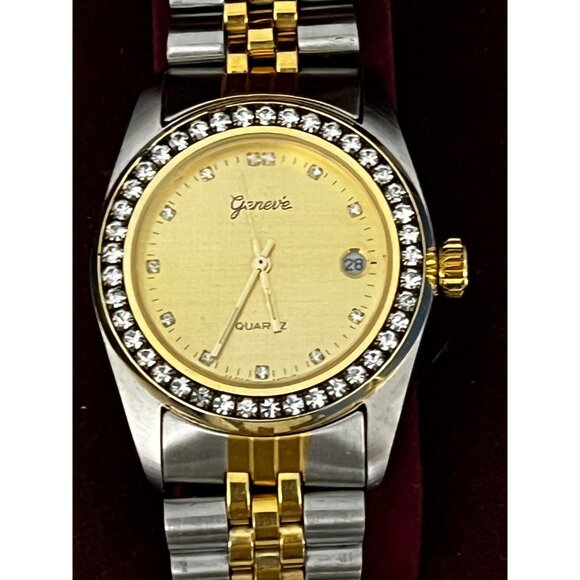 Geneve Ladies Round Two-Tone Yellow & Silver Bracelet Watch Diamond accents - Picture 2 of 14